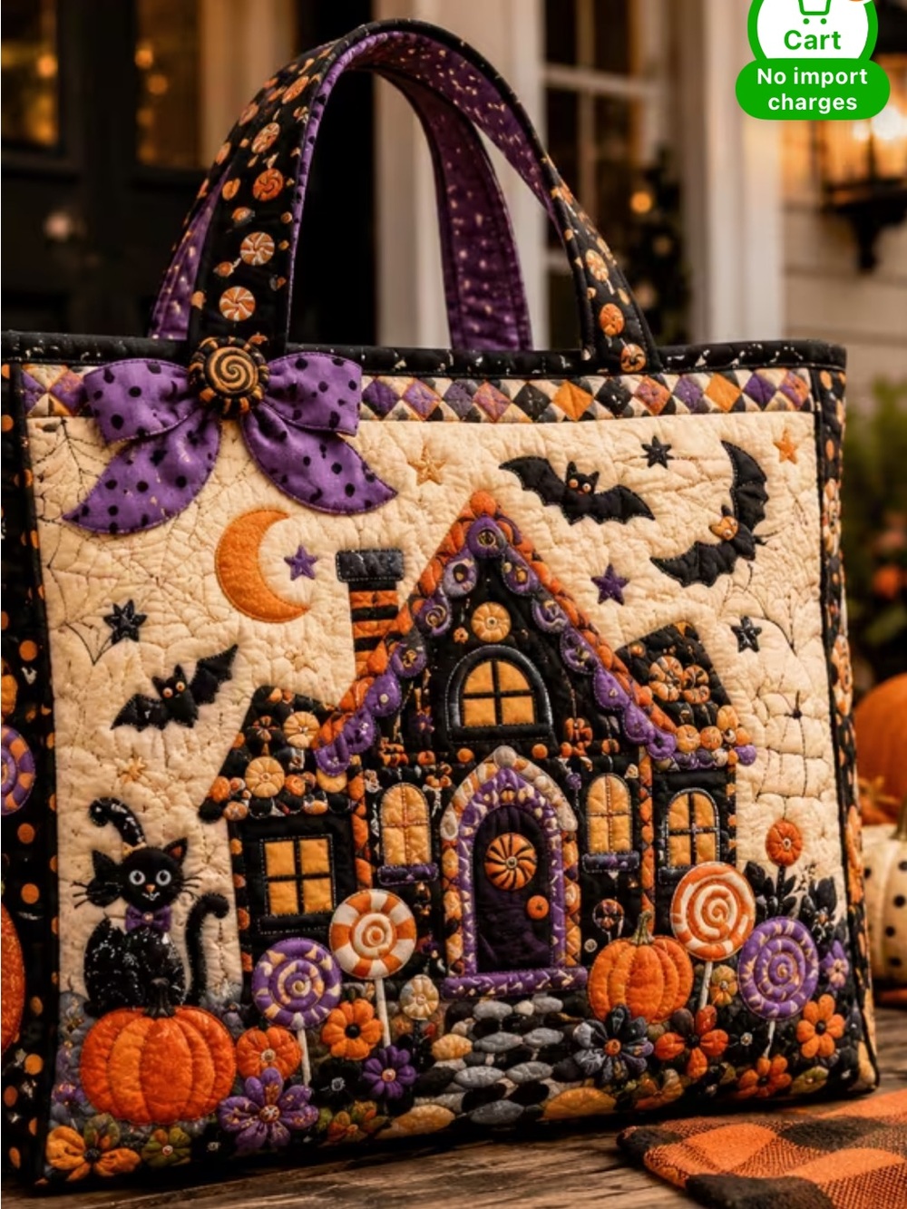 Halloween Haunted House Quilted Tote Bag in Purple & Orange